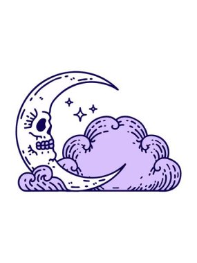 Neon ışık efektleri dövmenin geleneksel stil hilal ve bulutlar şeklinde canlandırılması