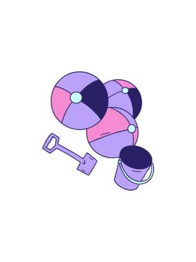 El çizimi karikatür karikatür karalama plaj topları kova ve kürek ile satış animasyonu