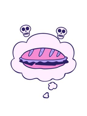 Düşünce baloncuklu peynirli sandviç animasyonu.