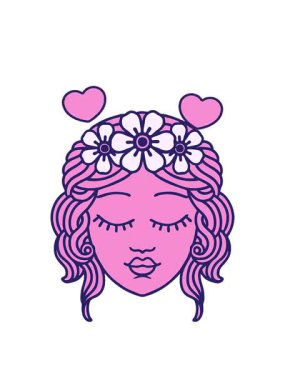 Dövmenin dönen kalpleri geleneksel kadın yüzü tarzında gözleri kapalı.