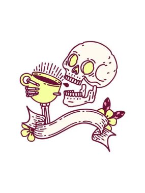 Dikkat çekici geleneksel dövme animasyonu. Parlak renkli kahve içen bir kafatası pankartı.