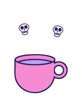 Bir fincan kahve karikatürünün kafatası animasyonu.