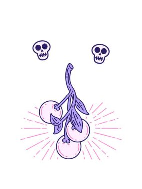 Geleneksel dövme stili ökseotu çileklerinin resimlerinin dönen kafatası animasyonu