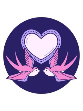 Kırlangıçların ve bir kalbin çizgi film stili görüntüsünün titreşimli animasyonu