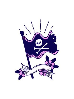 Dövme stili korsan bayrağı sallayan parşömen afişinin neon ışık efekti animasyonu