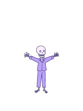 Pijama giyen çizgi film iskeletinin zıplama hareketi.