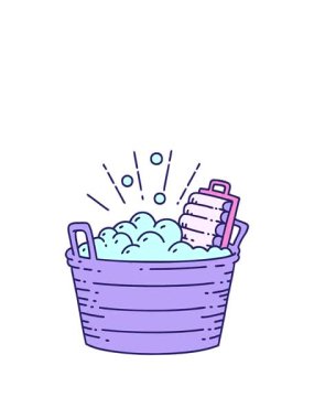 Geleneksel dövme stili, eski çamaşır tahtası ve fırçalama kabının animasyonunu genişletiyorum.