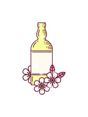 Simgesel dövmenin canlandırma efekti. Rom şişesi ve parlak renkli çiçekler.