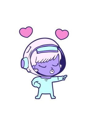 Çizgi film karakteri dönen kalp animasyonu Güzel astronot kız işaret ediyor