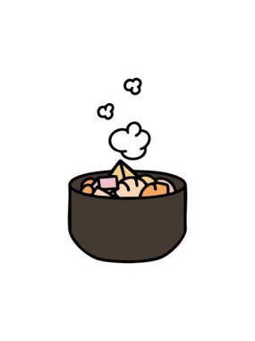 Dikkat çekici sıcak deniz ürünleri ve sebze Japon kasesi animasyonu.