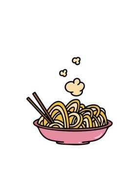 Yanıp sönen radyal çizgiler kasede servis edilen dumanı tüten udon eriştelerinin animasyonu.