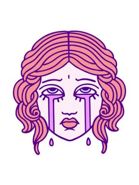 Dövmenin hareketli animasyonu geleneksel kadın yüzü tarzında parlak bir renkle ağlıyor.