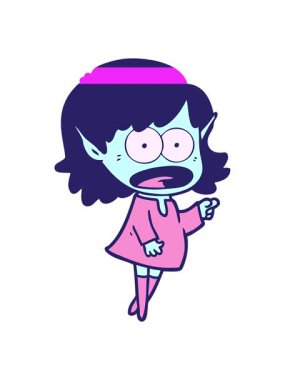 Karikatür animasyonunu çalıştırın. Şok edici elf kızı işaret ediyor.