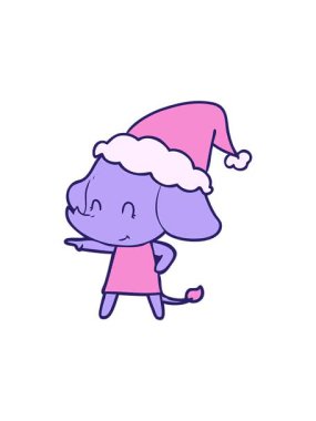 Dikkat çekici bir şekilde, Noel Baba şapkası takan bir filin el çizimi çizimi.