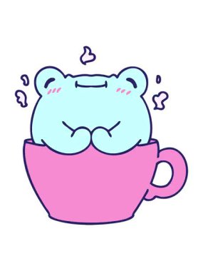 Kahve fincanında oturan şirin bir kurbağanın çizgi filmini canlandırın.