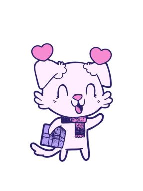 Gülen çizgi film köpeğinin Noel hediyesiyle dönen kalp animasyonu.