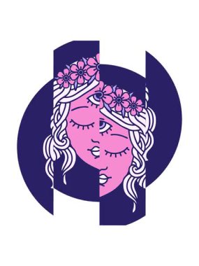 İkonik dövme tarzında üçüncü gözü ve çiçek tacıyla bir kadın yüzü canlandırması.