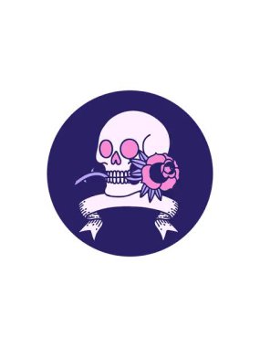 Kafatası ve gül pankartlı dövme stili simgenin gösterişli satış animasyonu