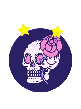 dönen yıldızlar ikonik dövme tarzı bir kafatası ve gülün animasyonu