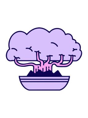 Japon bonsai ağacının sığ saksı dizaynındaki neon ışığı animasyonu