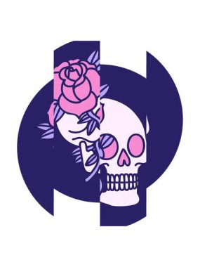 Bir kafatası ve gülün ikonik dövme karalamalarının bölünen hareketi.