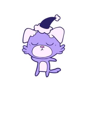 Kalk ve havada süzül. Sevimli el çizimi. Noel Baba şapkası takan bir köpeğin çizimi.