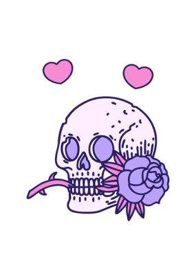 Bir kafatası ve gül tasarımının sembolik dövme görüntüsünün dönen kalp animasyonu