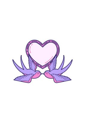 Yanıp sönen radyal çizgiler. Dövme stili çizimler. Kırlangıçlar ve bir kalp.