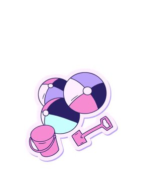 Elle çizilmiş karikatür karikatür karalama plaj toplarını kova ve kürekle germek