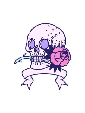 Dikkat çekici geleneksel dövme animasyonu bir kafatası ve bir gül sancağıyla