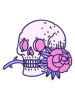 bir kafatası ve gülün ikonik dövme şeklindeki görüntüsünü bob ve duraklat