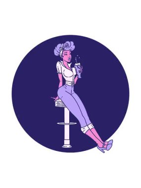 Pikselleştirme efekti dövme animasyonu geleneksel tarzda bir poster kızı milkshake içiyor