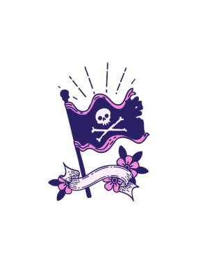 Dövme stili korsan bayrağı sallayan tomar afişinin dikkat çekici animasyonu