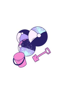 Yatay titreşimli el animasyonu desenli karikatür karalama plaj topları kova ve kürek ile