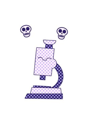 Bir mikroskobun çizgi roman stili animasyonunun dönen kafatasları