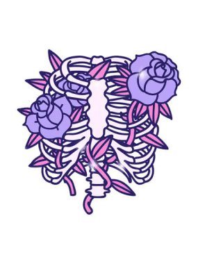 Simli efekt ikonik dövme tarzı göğüs kafesi ve çiçeklerin canlandırması