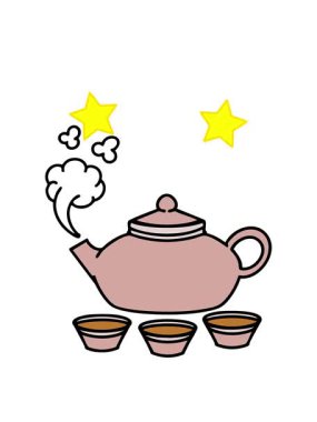 dönen yıldızların animasyonu Japon çaydanlığı ve buharlı fincanlar.