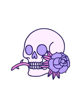 Dikkat çekici ikonik dövme çizgi film tarzı bir kafatası ve gül görüntüsü.