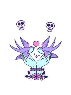 Kafataslarını döndüren dövme animasyonu geleneksel eller ve kırlangıçlar stilinde