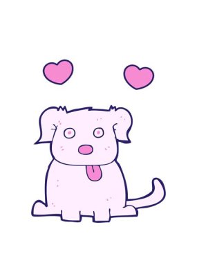 Parlak renkli çizgi film köpeğinin dönen kalpleri.