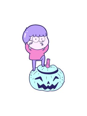 Karikatürist çocuğun dev bir balkabağına tırmandığı bir animasyon.