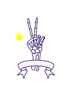 Parlayan yıldızlar geleneksel dövmenin animasyonunu etkiler. İskelet sancağıyla barış işareti yapar.