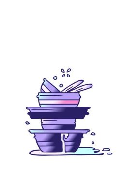 Bir yığın kirli tabağın el çizimi çizgi film karalaması animasyonunu genişletiyorum.