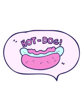 Freehand çizilmiş konuşma balonu karikatürü hotdog 'un titreşimli hareketi