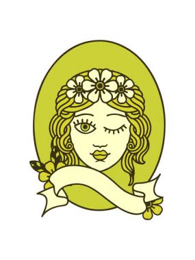 Geleneksel dövmenin renk değiştiren animasyonu Çiçekten taç takan bir genç kızın bayrağıyla