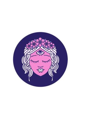 Yatay titreşimli ikonik dövme görüntüsü. Üçüncü gözü ve çiçek tacıyla kadın yüzü.