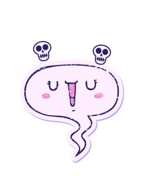 Mutlu çizgi film suratlı kafatası animasyonu konuşma baloncuğu sıkıntılı eski çıkartma