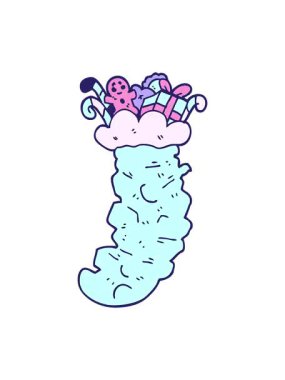 Çizgi film animasyonunun pikselleştirilmesi oyuncaklarla doldurulmuş karalama Noel çorapları