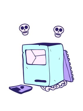 Çizgi film animasyonunun dönen kafatası animasyonu kırık eski bilgisayar