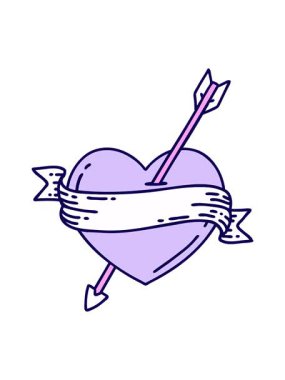 Neon ışık efektleri simgesel dövme tarzının canlandırması. Sancaklı bir okun kalbi.